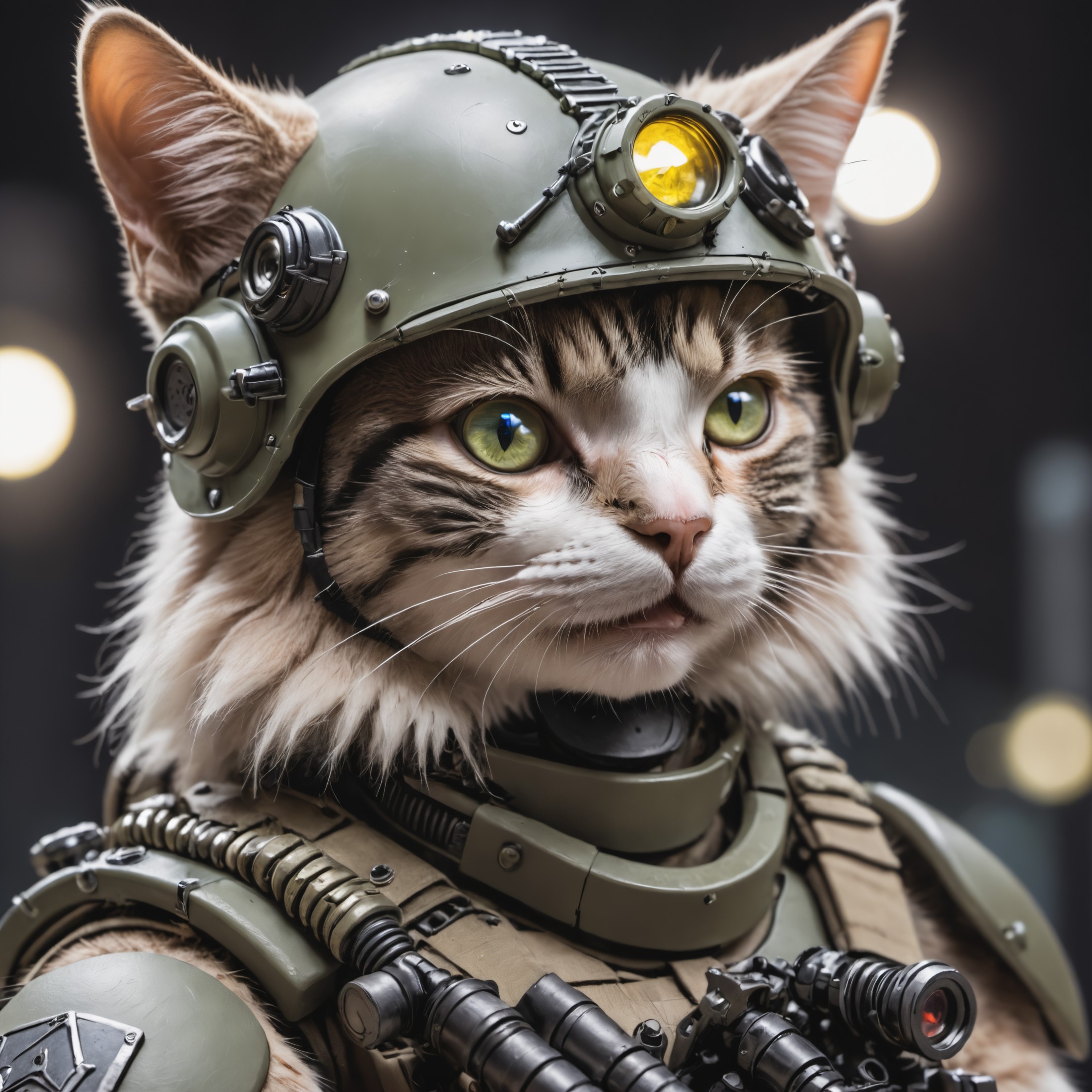 Closeup  portrait Photo of an cat soldier wearing army helmet, night vision ,  holding 1911, robotic parts, detailed robot...